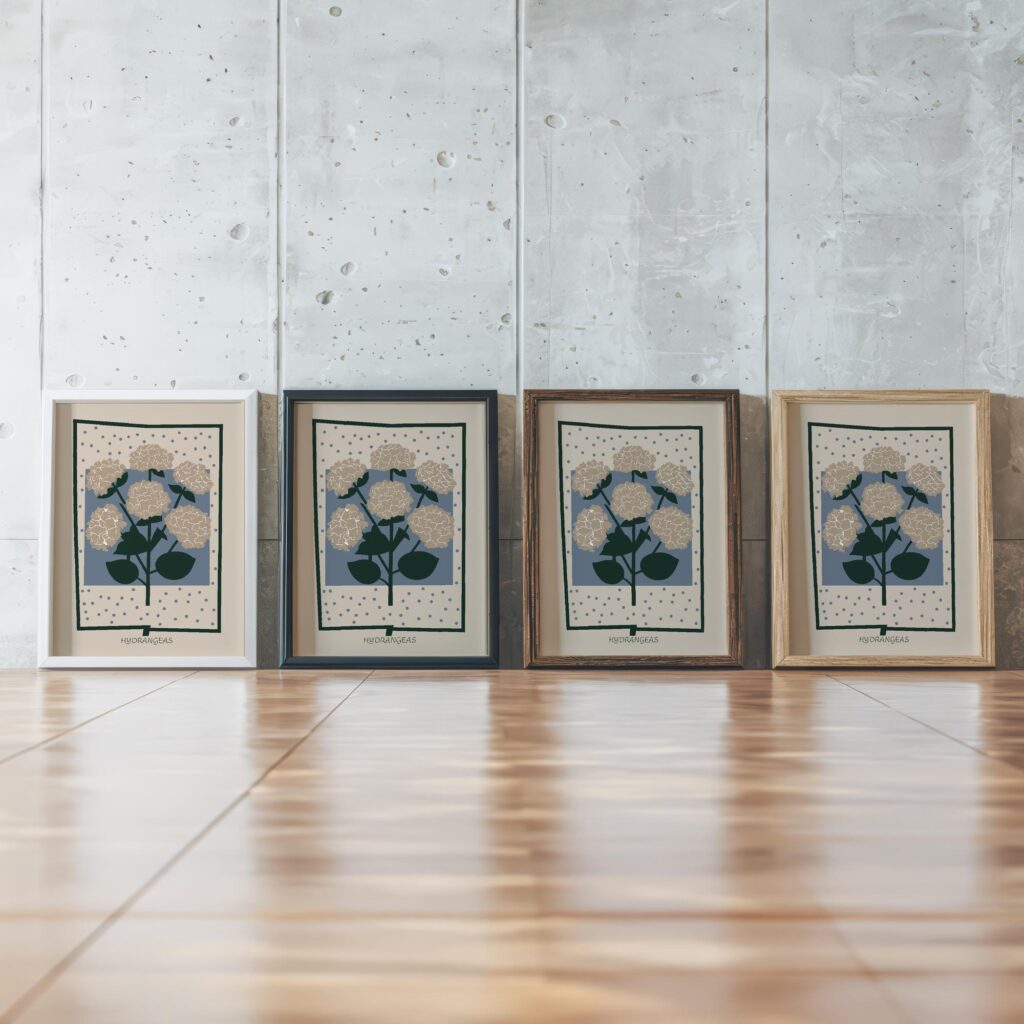 Hydrangeas framed posters mockup