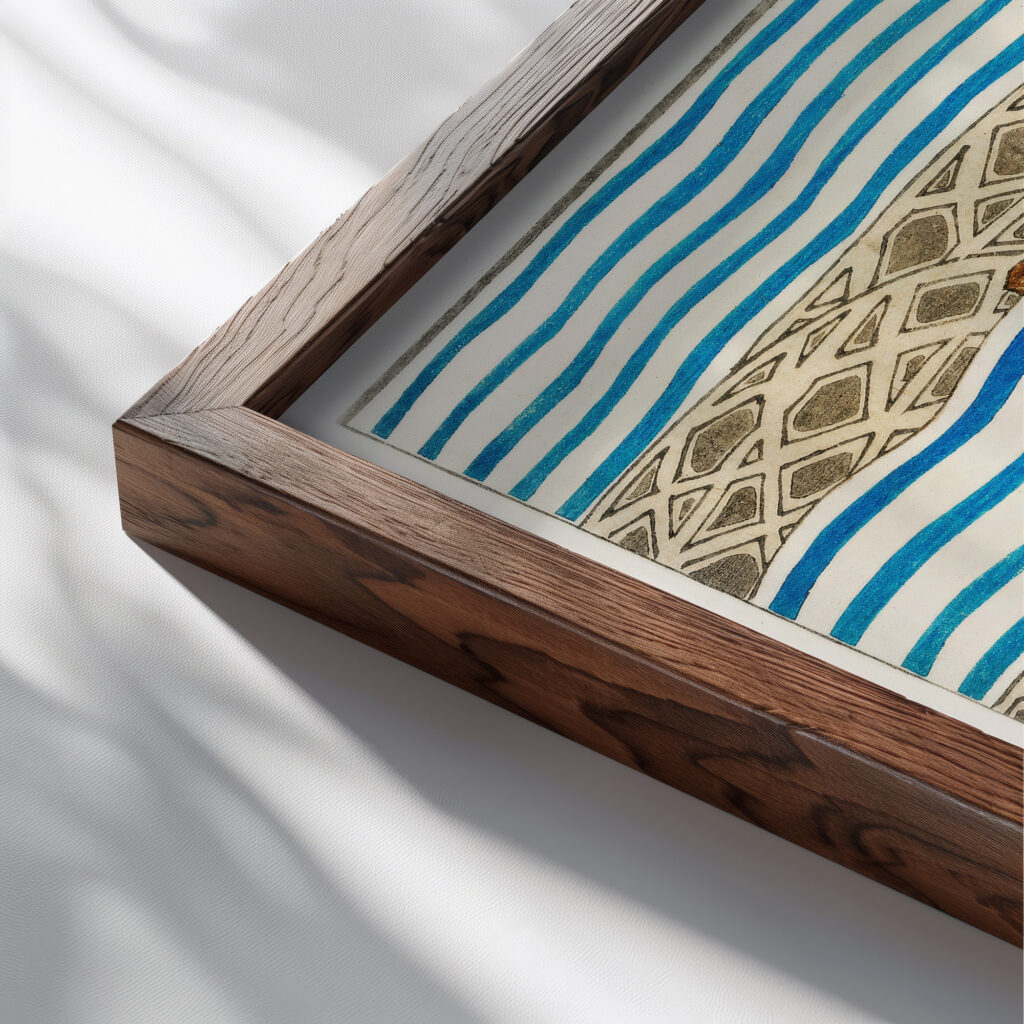 Illustration from Bijutsu Sekai Watanabe Seitei close up dark wood mockup