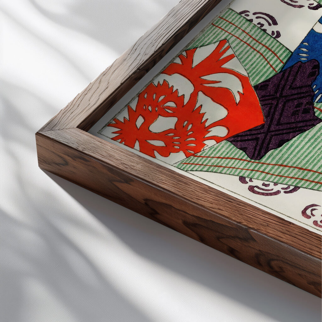 Illustration of Japanese motifs Watanabe Seitei close up dark wood mockup