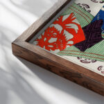 Illustration of Japanese motifs Watanabe Seitei close up dark wood mockup