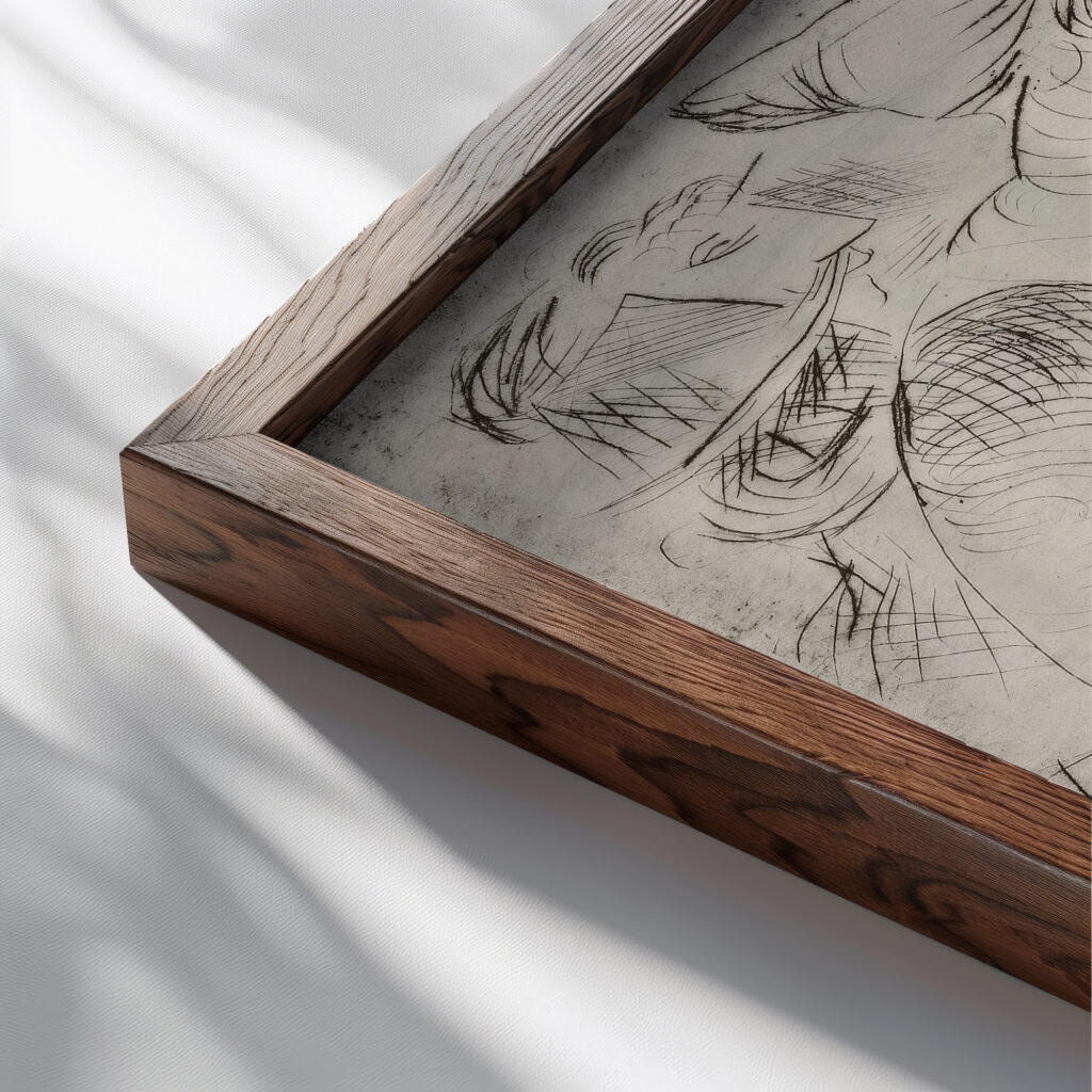 Illustration zur Landsturmerin Courage Paul Kleinschmidt close up dark wood mockup