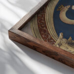 Impresa of the Basel Book Printer Johann Froben 1523 Hans Holbein The Younger close up dark wood mockup