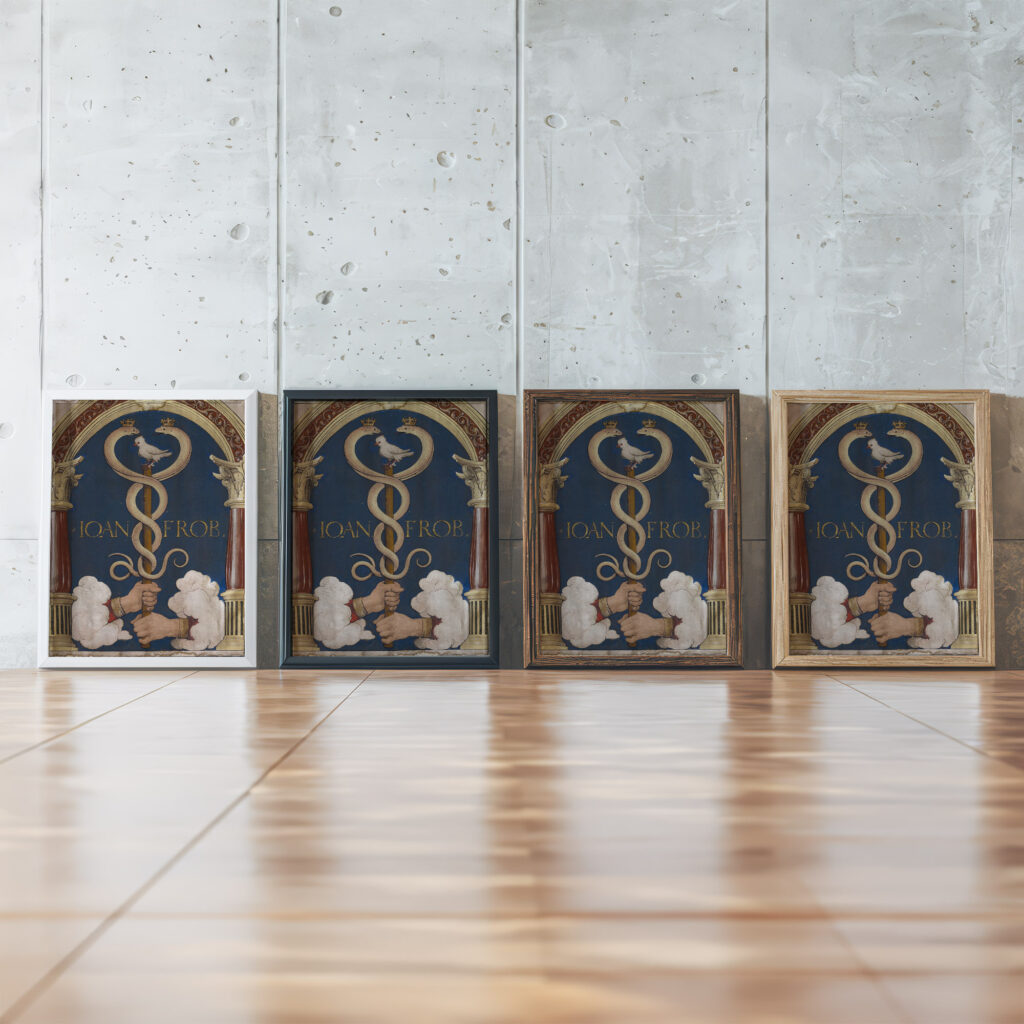 Impresa of the Basel Book Printer Johann Froben 1523 Hans Holbein The Younger framed posters mockup