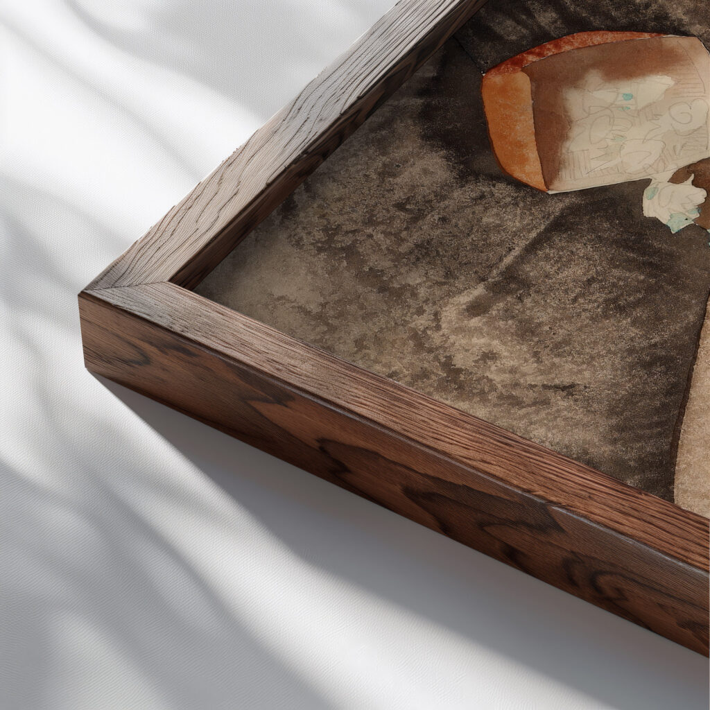 In Vaudeville Two Acrobat Jugglers 1916 Charles Demuth close up dark wood mockup