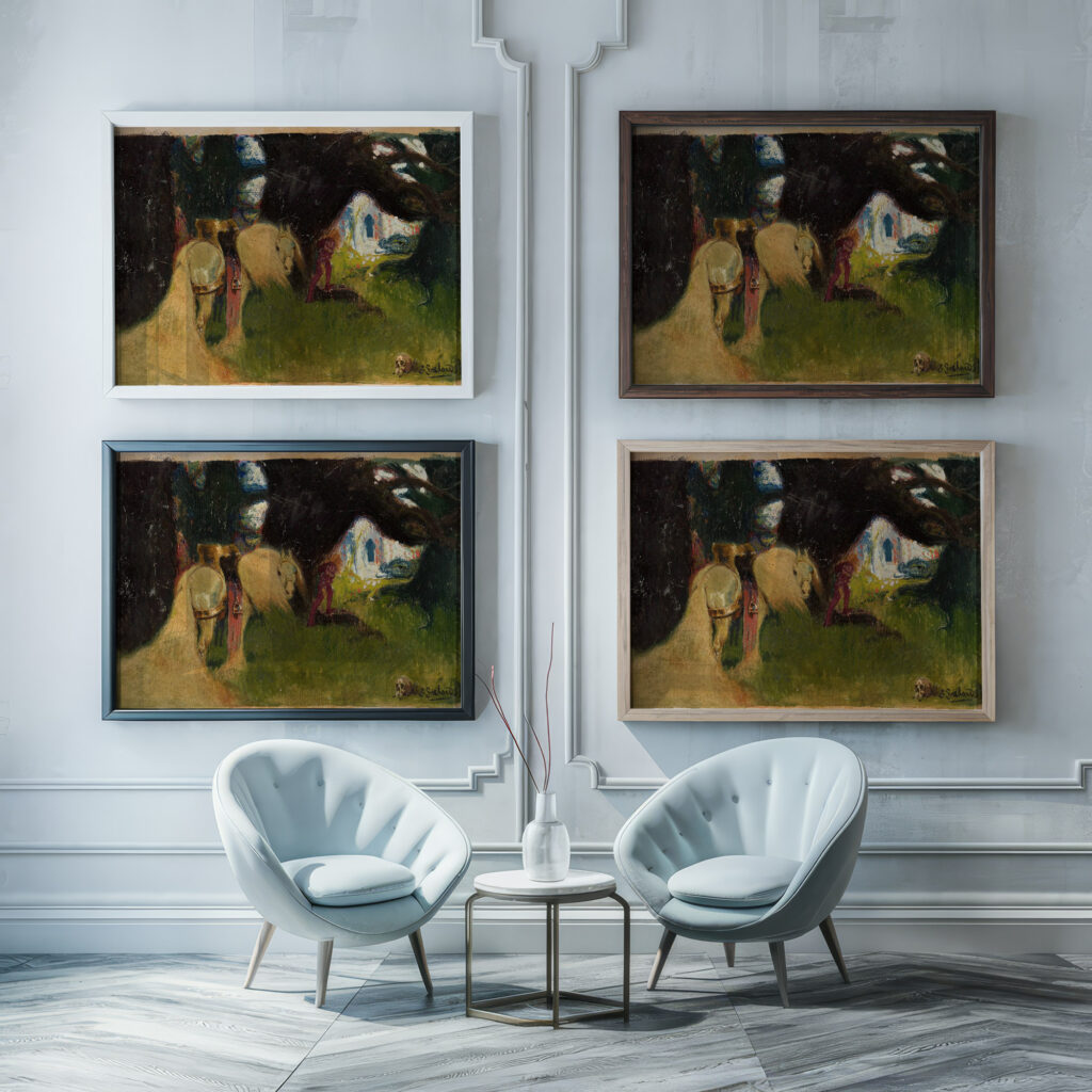In front of the Dragons Den – figure for the fairy tale circa 1920 Zygmunt Grabowski framed posters mockup