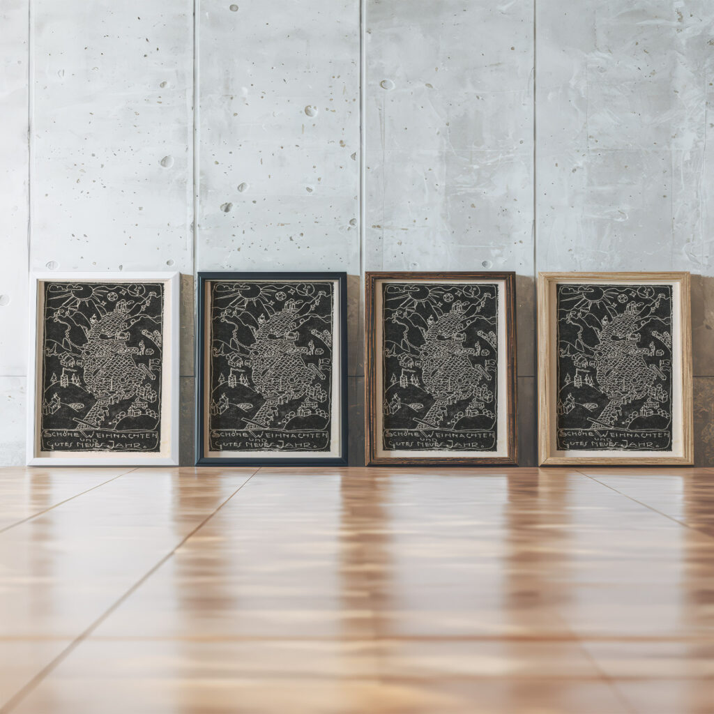 Kerstkaart met heuvellandschap en meer 1906 Reijer Stolk framed posters mockup
