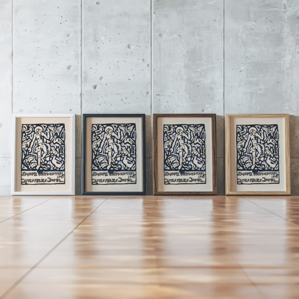 Kerstkaart met menselijke figuur en dieren 1906 Reijer Stolk framed posters mockup