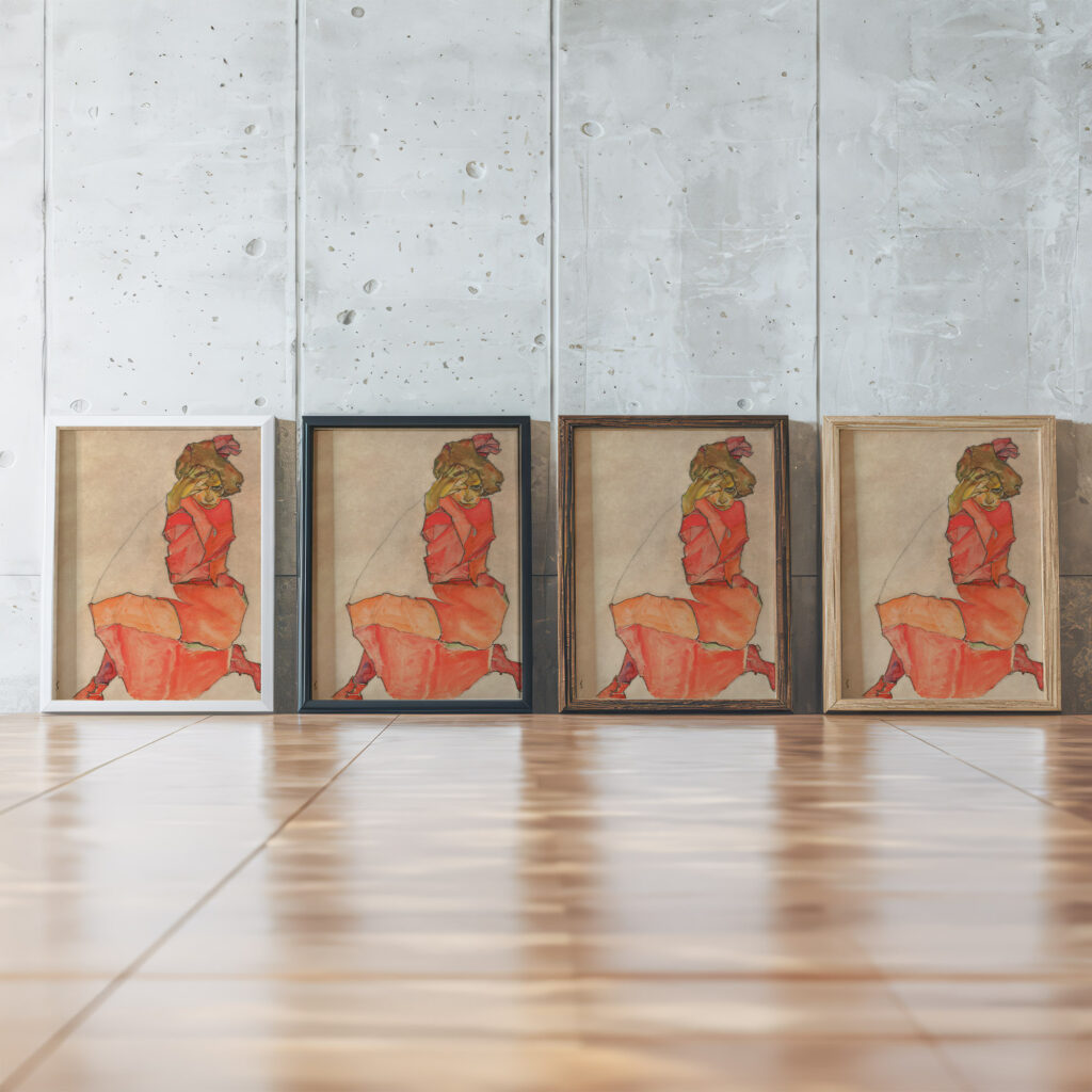 Kneeling Female in Orange Red Dress 1910 Egon Schiele framed posters mockup
