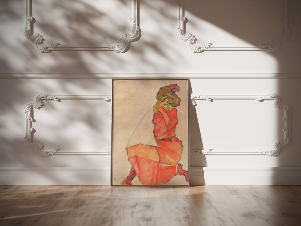 Kneeling Female in Orange Red Dress 1910 Egon Schiele video mockup