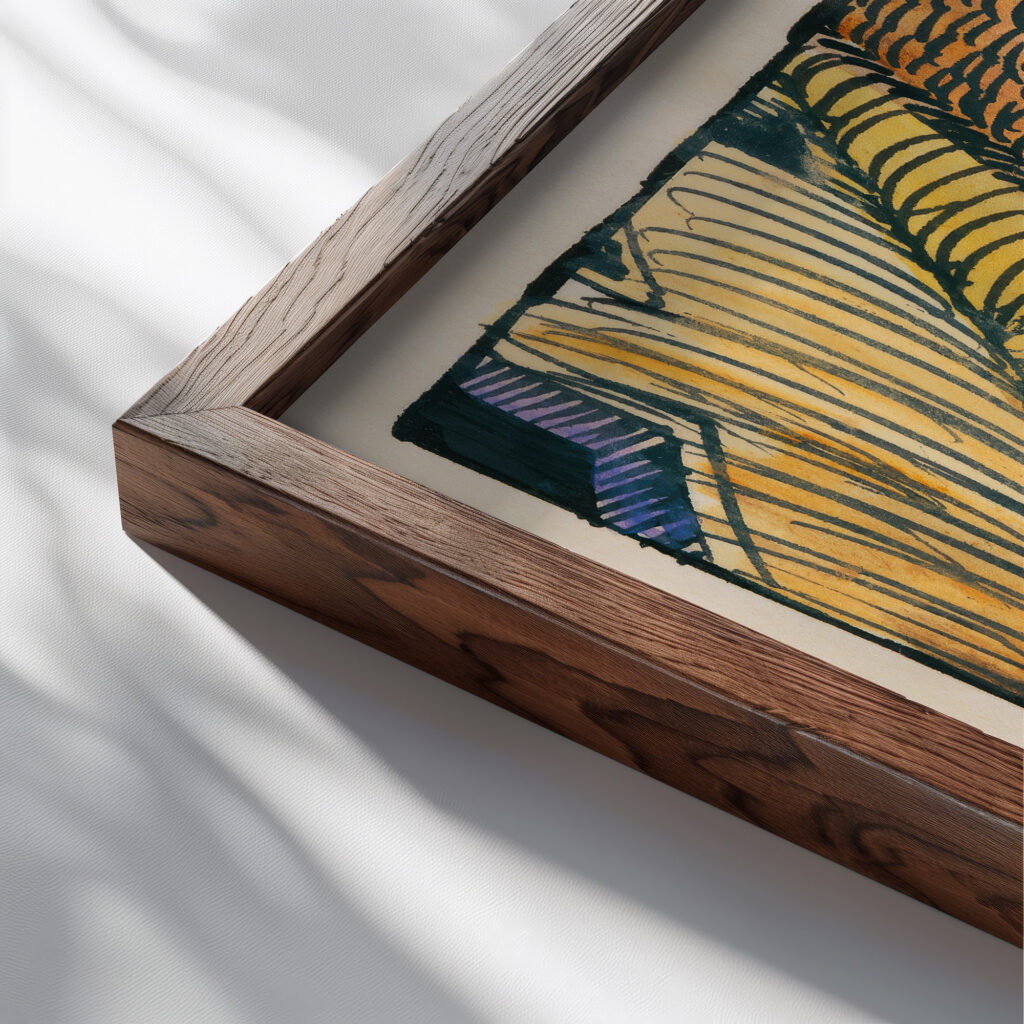 Komposition aus ‘Pflaster und Wiese XVIII 1924 Karl Wiener close up dark wood mockup