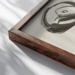 Koppen van papegaaien 1890 Carel Adolph Lion Cachet close up dark wood mockup