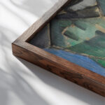 Kubistische Figur mit Hausern 1913 Hermann Stenner close up dark wood mockup