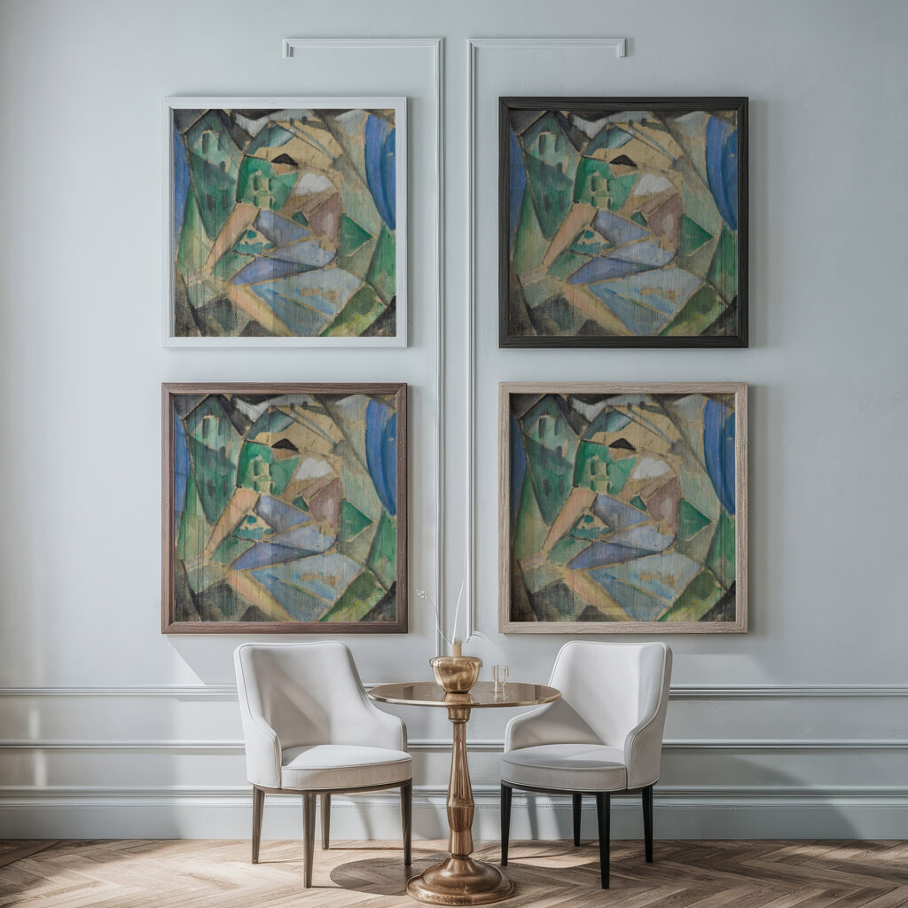 Kubistische Figur mit Hausern 1913 Hermann Stenner framed posters mockup