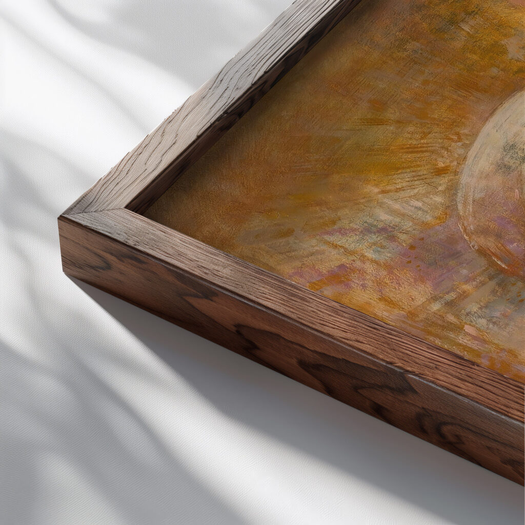 La Vierge Daurore circa 1890 Odilon Redon close up dark wood mockup