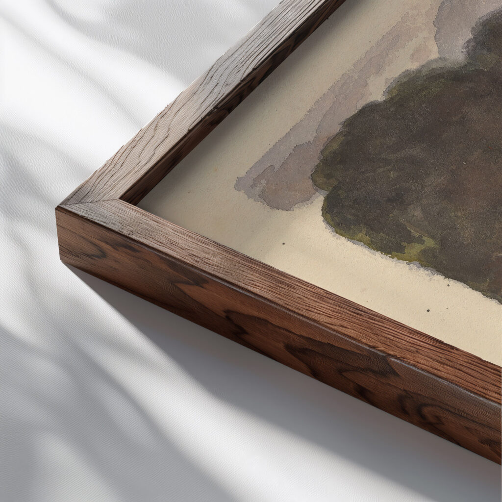 Landscape With Tree in Foreground and Mountains in Distance Figure in interior Scene Thomas Sully close up dark wood mockup