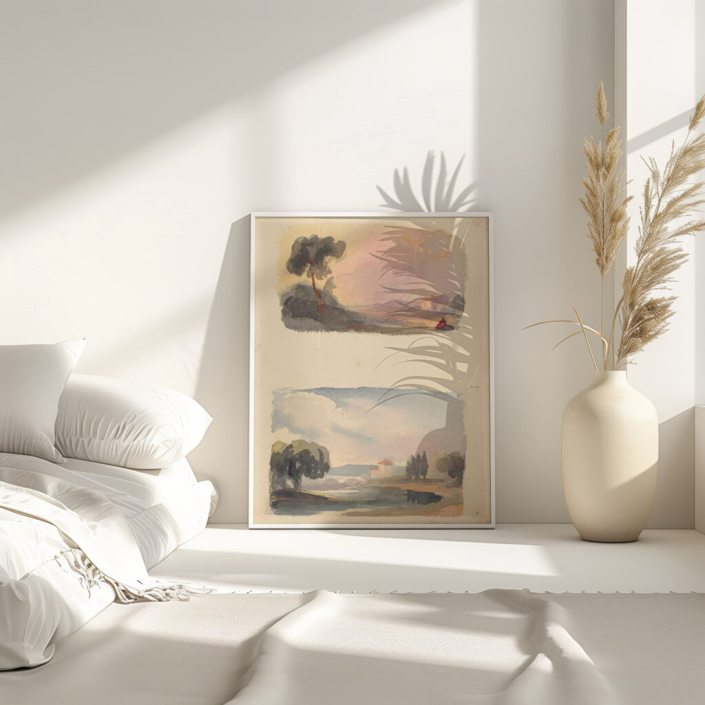 Landscape with Mountains in Distance and Seated Figures in Foreground Landscape with River and Building Mountains in Distance Thomas Sully 4 mockup