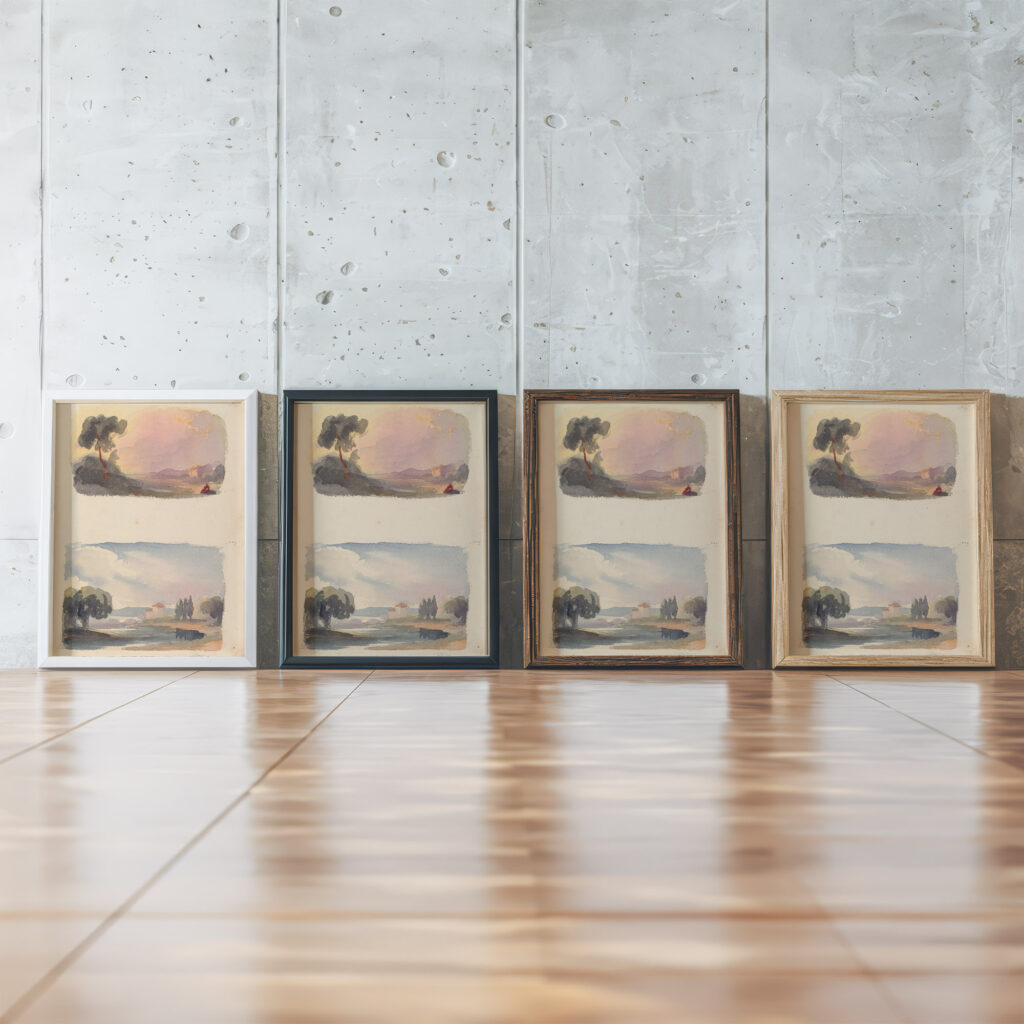 Landscape with Mountains in Distance and Seated Figures in Foreground Landscape with River and Building Mountains in Distance Thomas Sully framed posters mockup