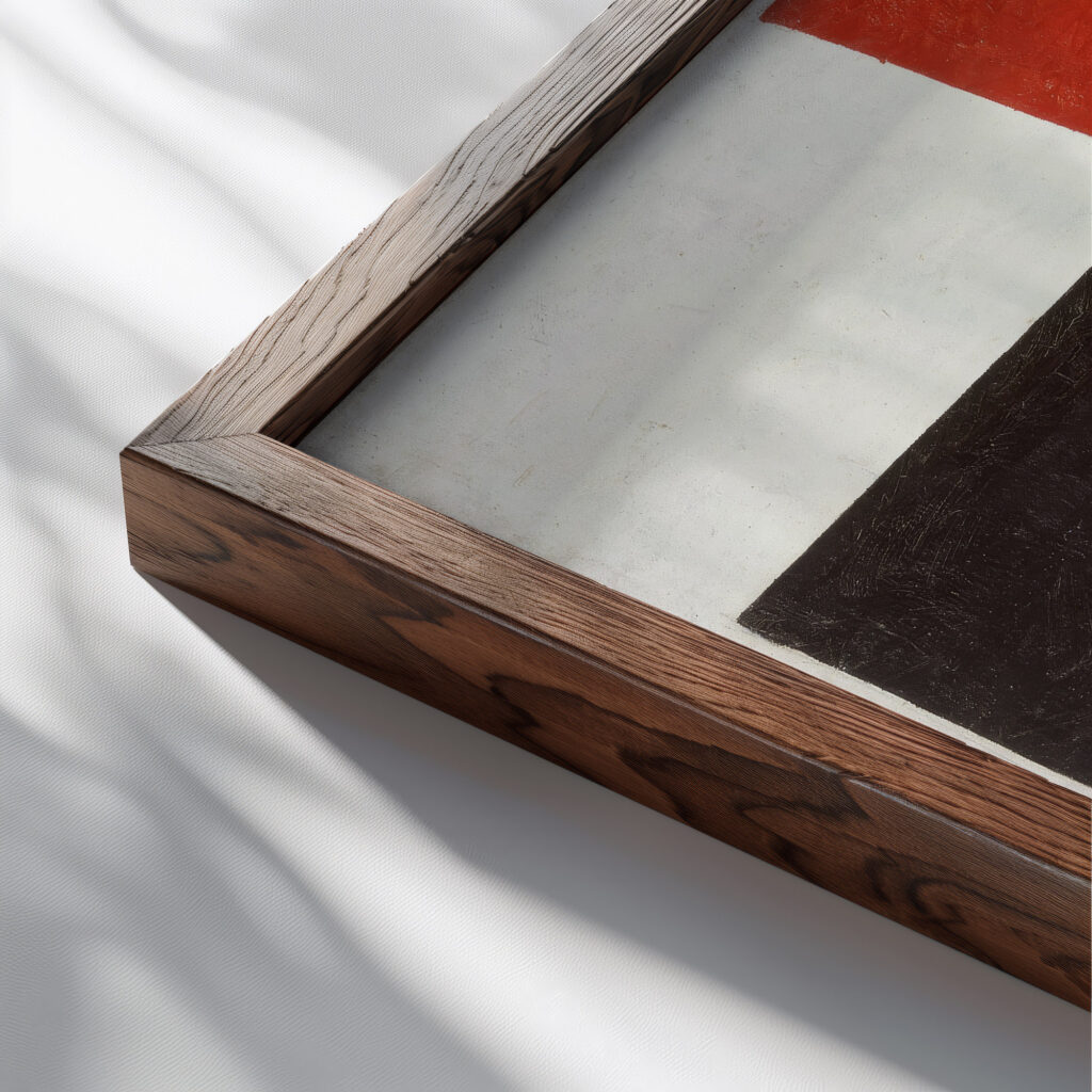 Large cross in black over red on white 1920 Kazimir Malevich close up dark wood mockup