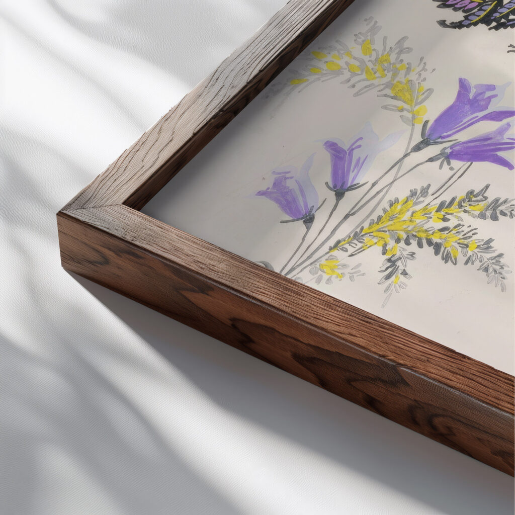 Large feather like leaf formation in black green purple and gold late 19th century Unknown close up dark wood mockup