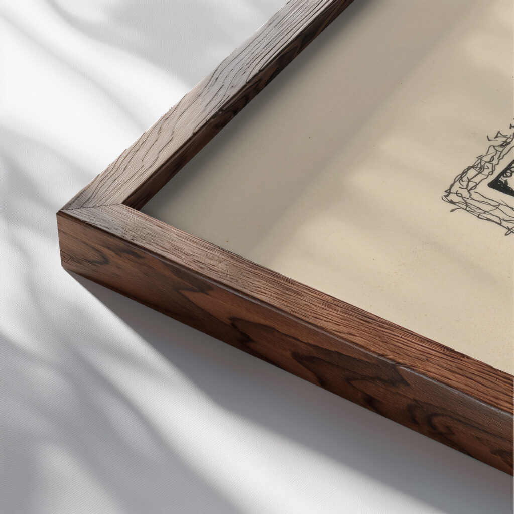 Letters from the series Poems in Drawings 1930 Mikulas Galanda close up dark wood mockup