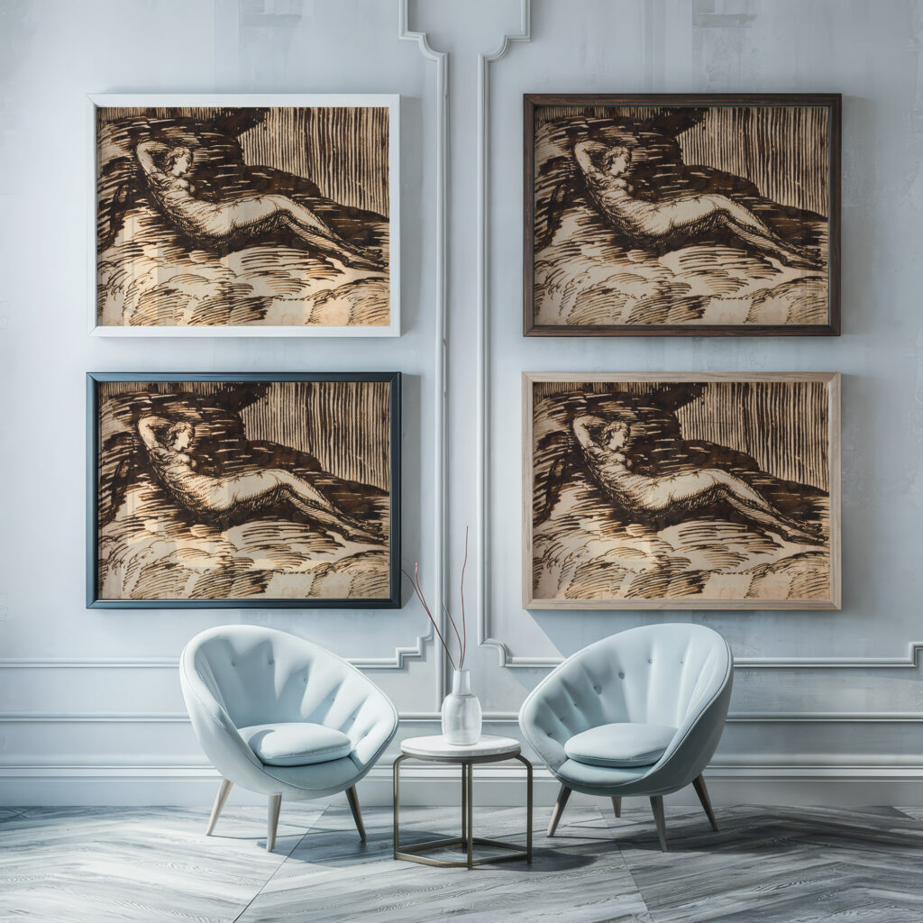 Liggende ged og tre far naer obelisk med buste af romersk kejser 1664 – 1665 Johann Heinrich Roos framed posters mockup