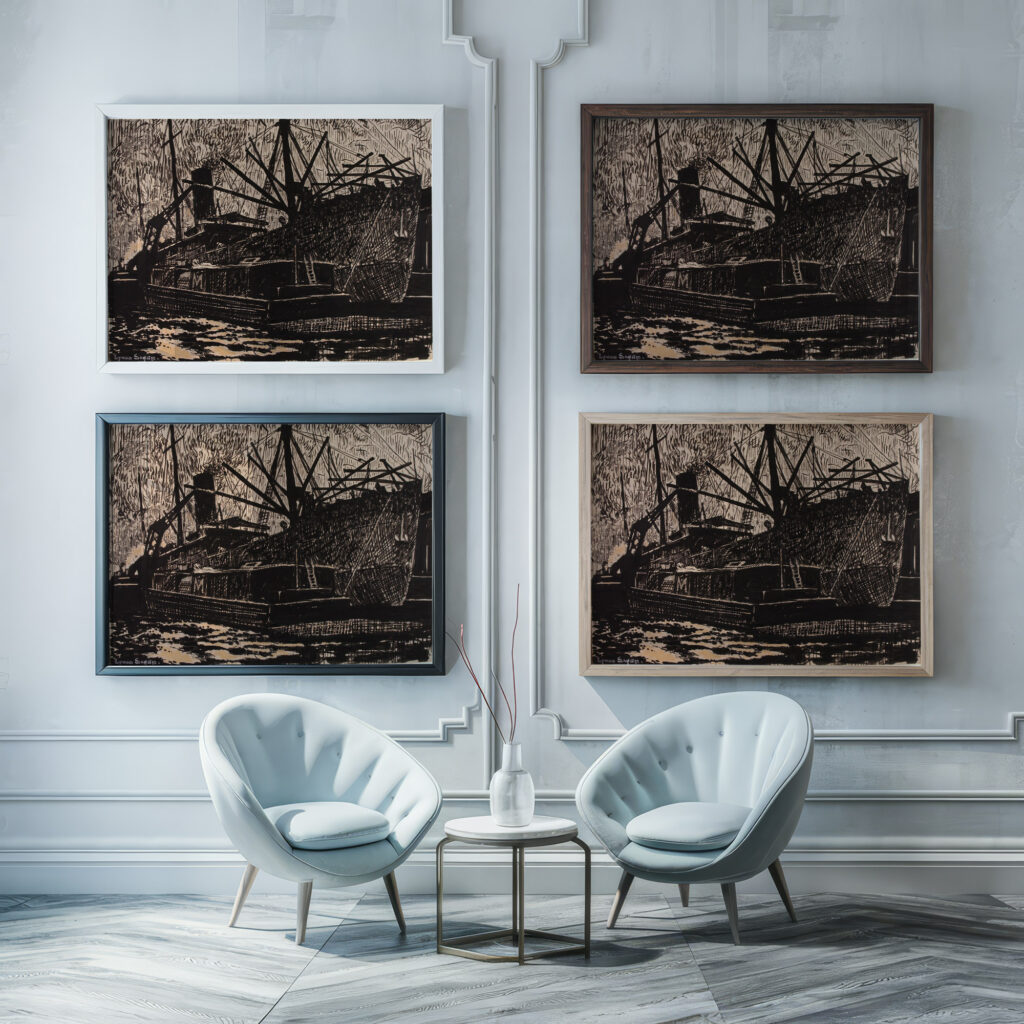 Liner and Tug ca. 1914 1918 Henry Lyman Sayen framed posters mockup