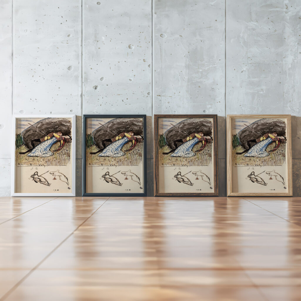 Luonnoksia varikuvaan Nuorukainen ja impi lavistettyina Akseli Gallen Kallela framed posters mockup