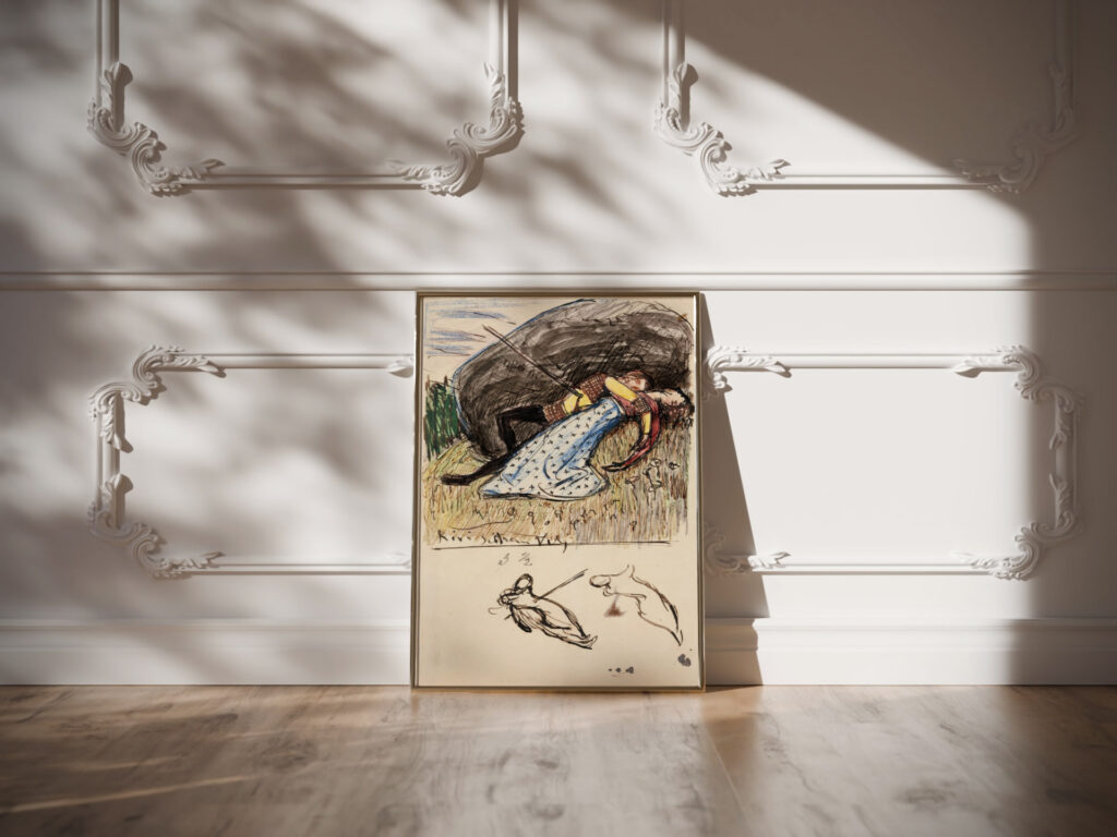 Luonnoksia varikuvaan Nuorukainen ja impi lavistettyina Akseli Gallen Kallela video mockup