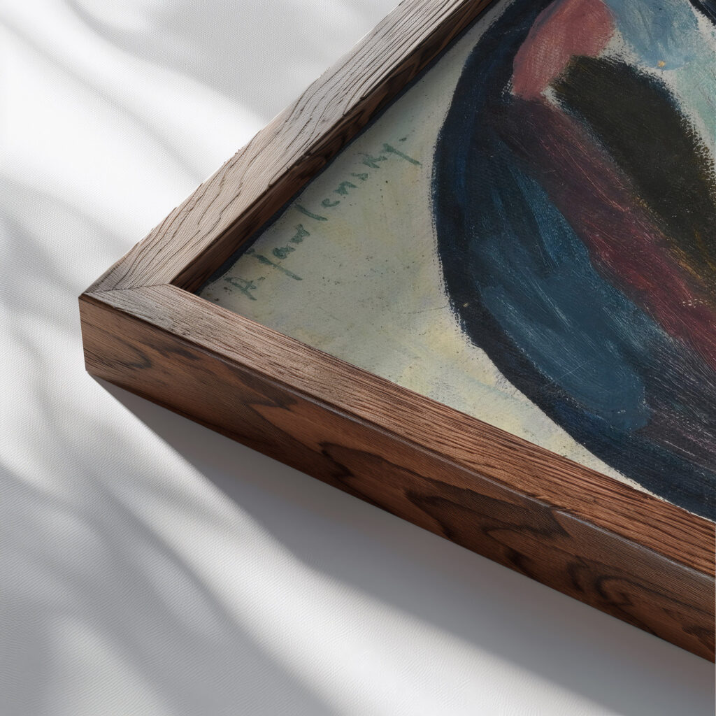 Madchenkopf – Die Asiatin Head of girl – The Asian 1916 Alexej von Jawlensky close up dark wood mockup