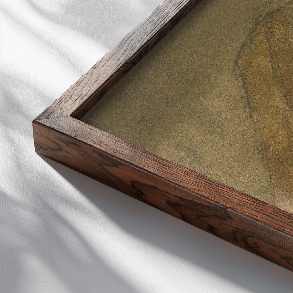 Madonna Immaculata after El Greco Helene Schjerfbeck close up dark wood mockup