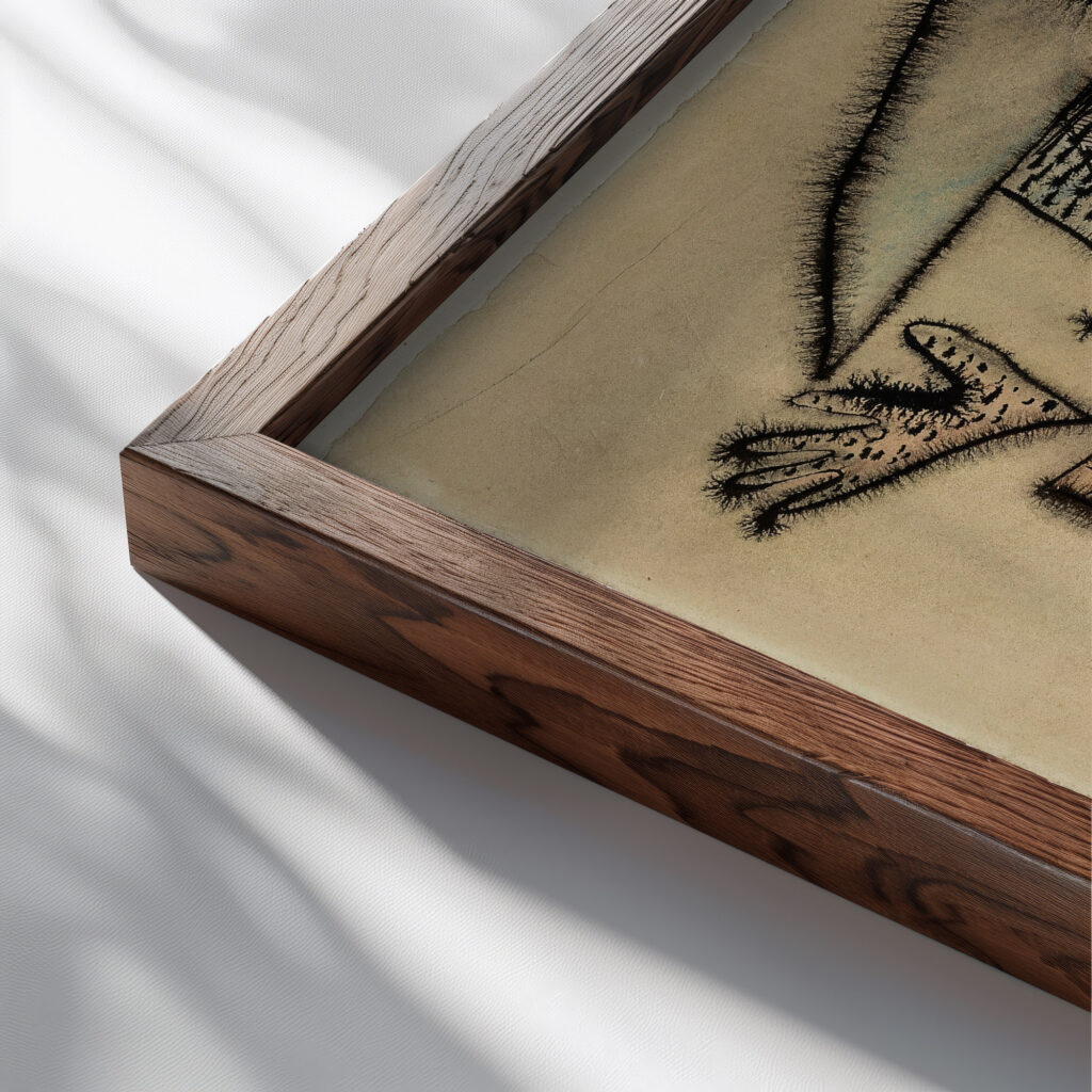 Maske mit Sense 1927 Paul Klee close up dark wood mockup