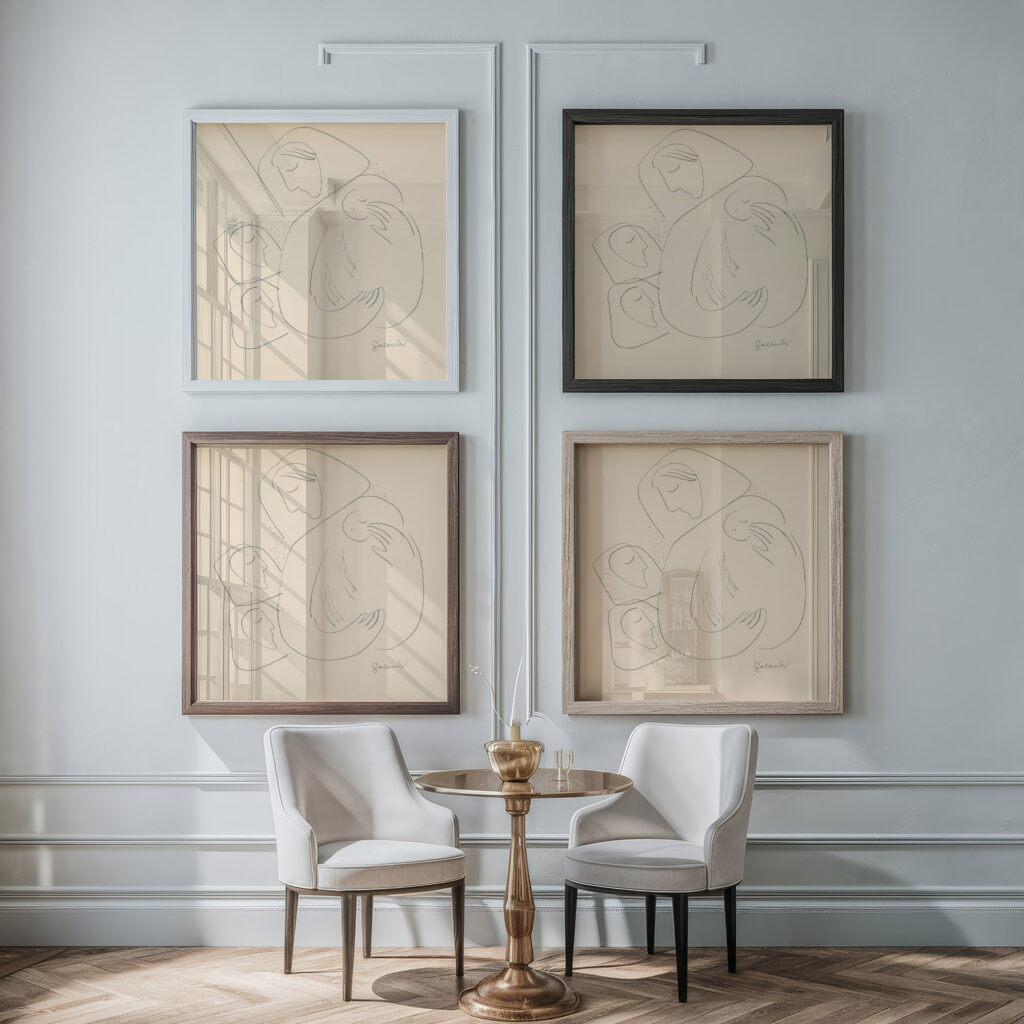 Matka s dietatom v perinke a s dvoma zenami 1938 Mikulas Galanda framed posters mockup