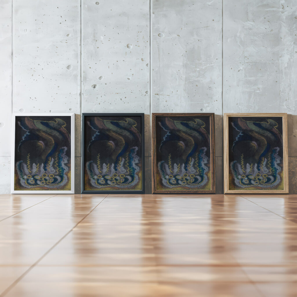 Meduse et trainee verte Jules Schmalzigaug framed posters mockup
