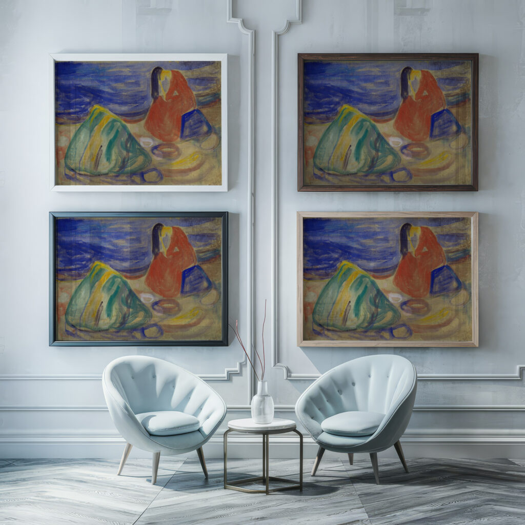 Melancholy. Weeping Woman on the Beach 1906 Edvard Munch framed posters mockup