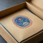 Miscellaneous small sketches for inlaid table tops.Design with blue and orange floral motif 1930 Winold Reiss video mockup