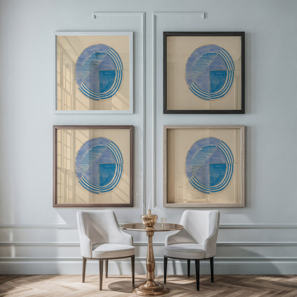 Miscellaneous small sketches for inlaid table tops.Design with blue circular motif 1910 Winold Reiss framed posters mockup