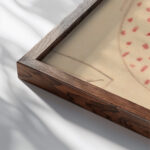 Miscellaneous small sketches for inlaid table tops.Design with circular and geometric motif 1930 Winold Reiss close up dark wood mockup Miscellaneous small sketches for inlaid table tops.Design with circular and geometric motif 1930 Winold Reiss close up dark wood mockup