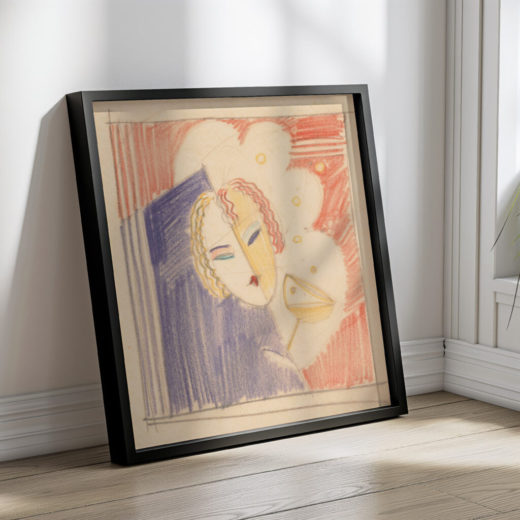 Miscellaneous small sketches for inlaid table tops.Design with female face and cocktail beverage 1930 Winold Reiss 4 mockup