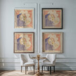 Miscellaneous small sketches for inlaid table tops.Design with female face and cocktail beverage 1930 Winold Reiss framed posters mockup