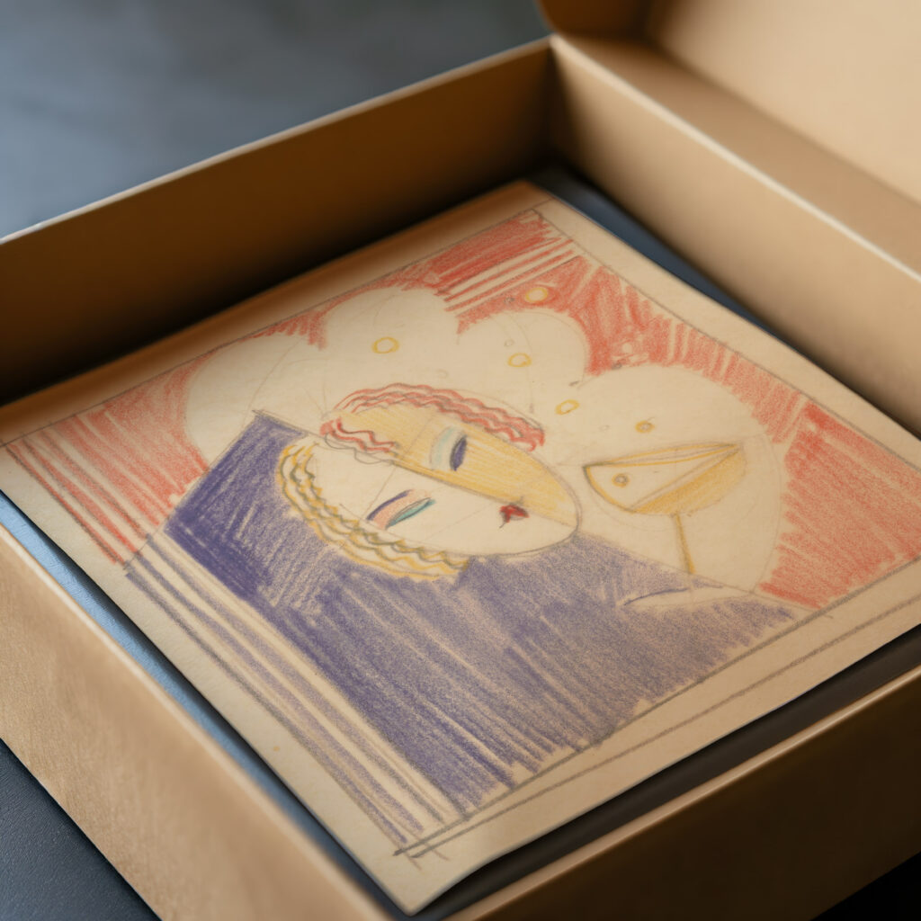 Miscellaneous small sketches for inlaid table tops.Design with female face and cocktail beverage 1930 Winold Reiss video mockup