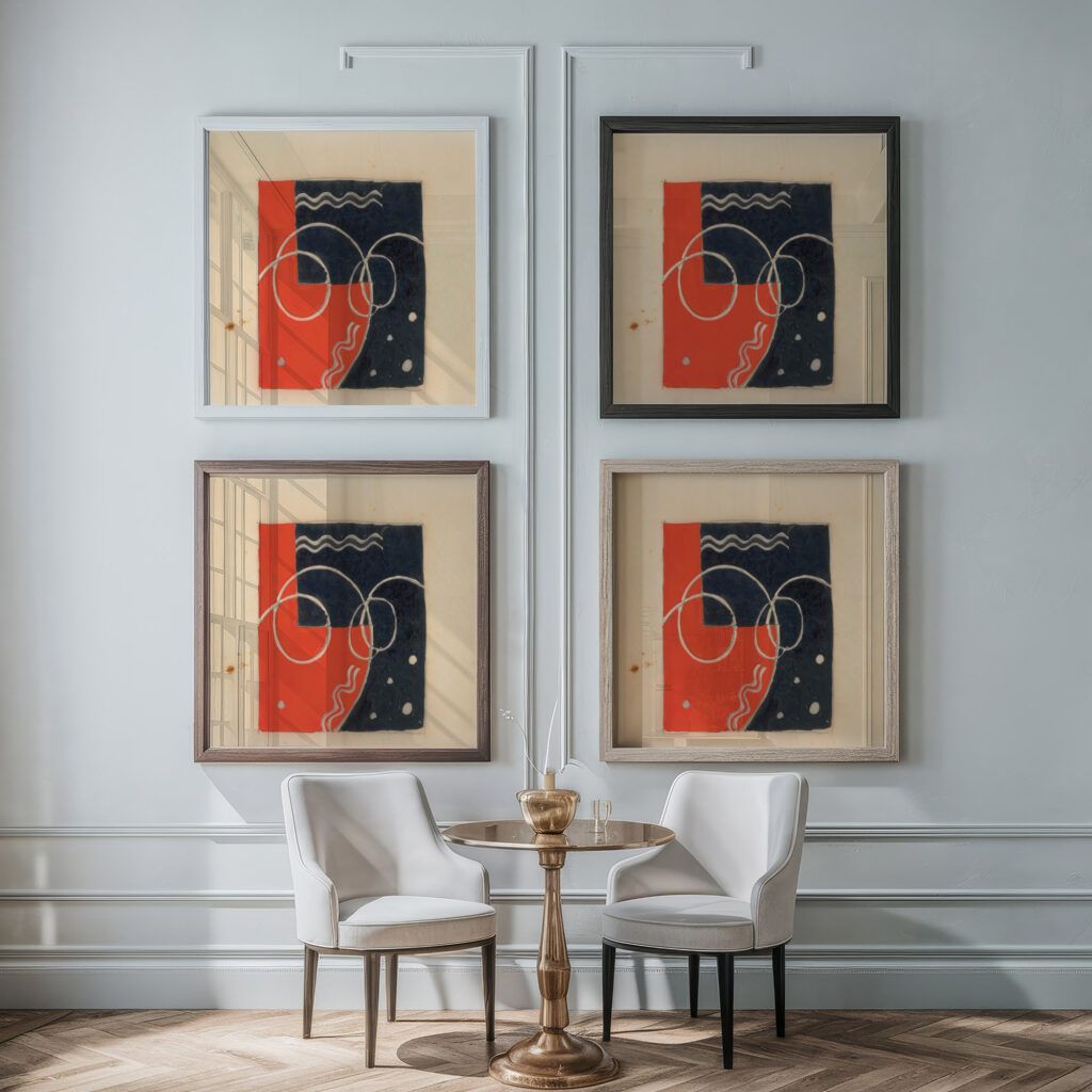 Miscellaneous small sketches for inlaid table tops.Design with geometric motif 1930 Winold Reiss framed posters mockup