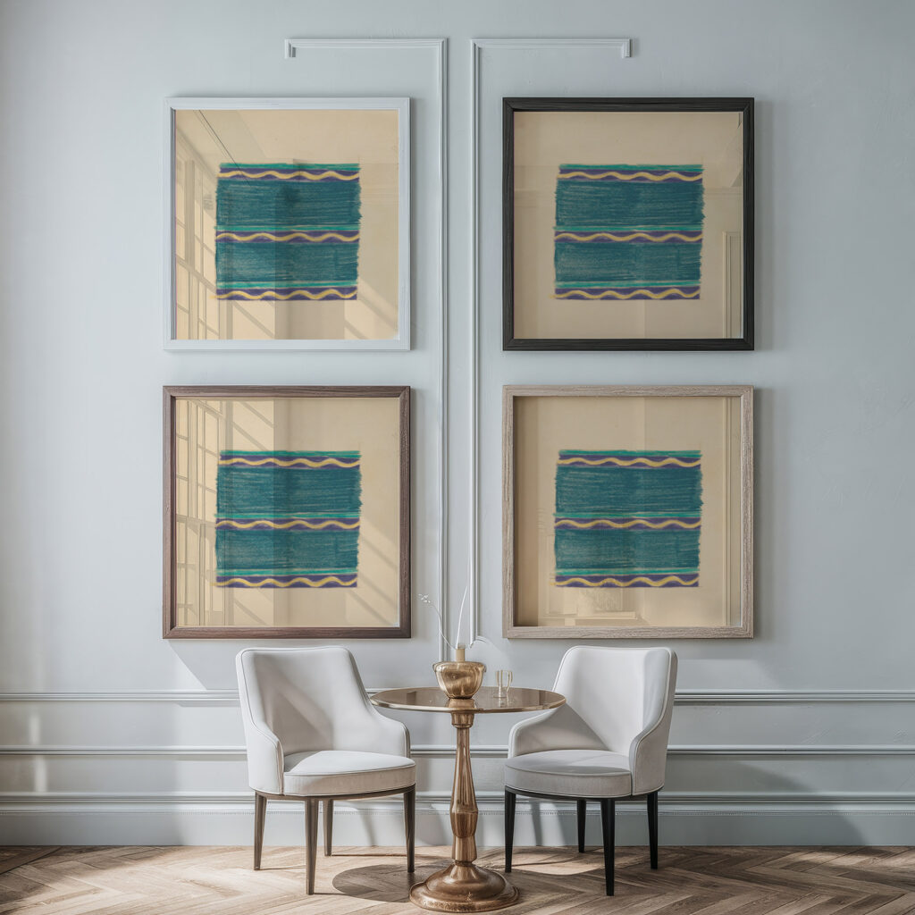 Miscellaneous small sketches for inlaid table tops.Design with green lines and yellow wave motif 1930 Winold Reiss framed posters mockup