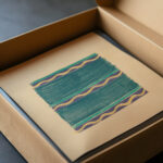 Miscellaneous small sketches for inlaid table tops.Design with green lines and yellow wave motif 1930 Winold Reiss video mockup