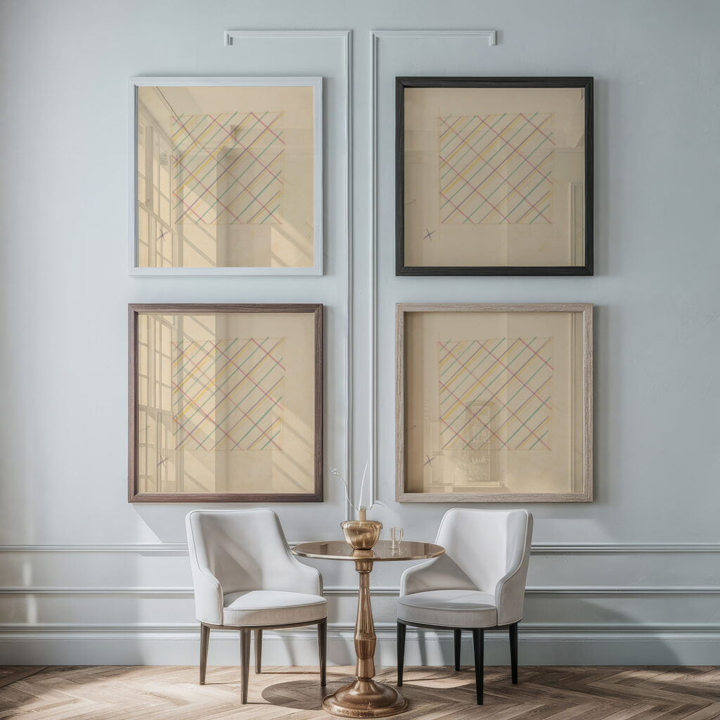 Miscellaneous small sketches for inlaid table tops.Design with lined grid motif 1930 Winold Reiss framed posters mockup