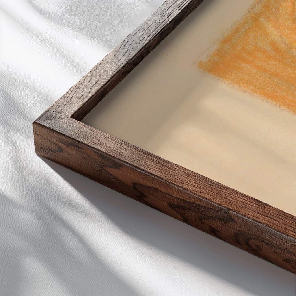 Miscellaneous small sketches for inlaid table tops.Design with orange and yellow geometric motif 1930 Winold Reiss close up dark wood mockup