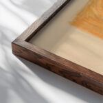 Miscellaneous small sketches for inlaid table tops.Design with orange and yellow geometric motif 1930 Winold Reiss close up dark wood mockup