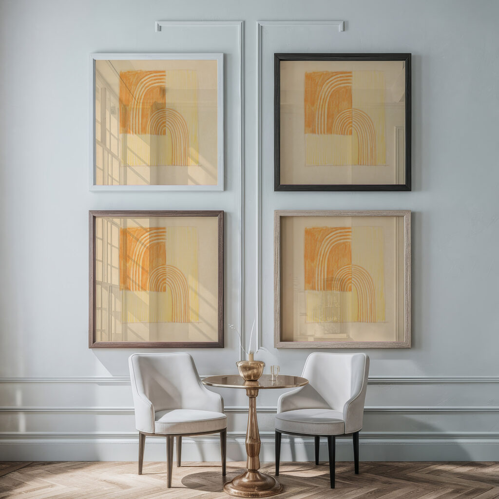 Miscellaneous small sketches for inlaid table tops.Design with orange and yellow geometric motif 1930 Winold Reiss framed posters mockup