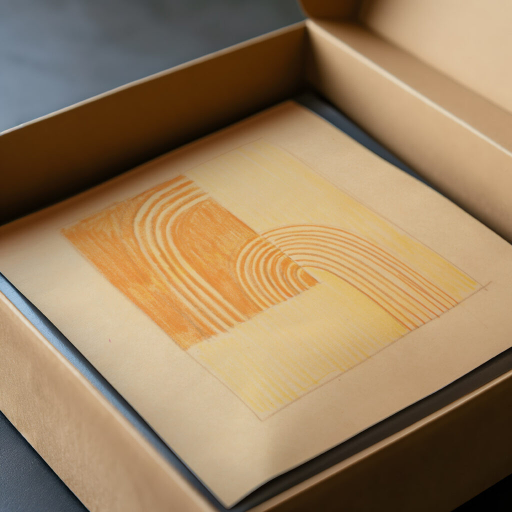 Miscellaneous small sketches for inlaid table tops.Design with orange and yellow geometric motif 1930 Winold Reiss video mockup