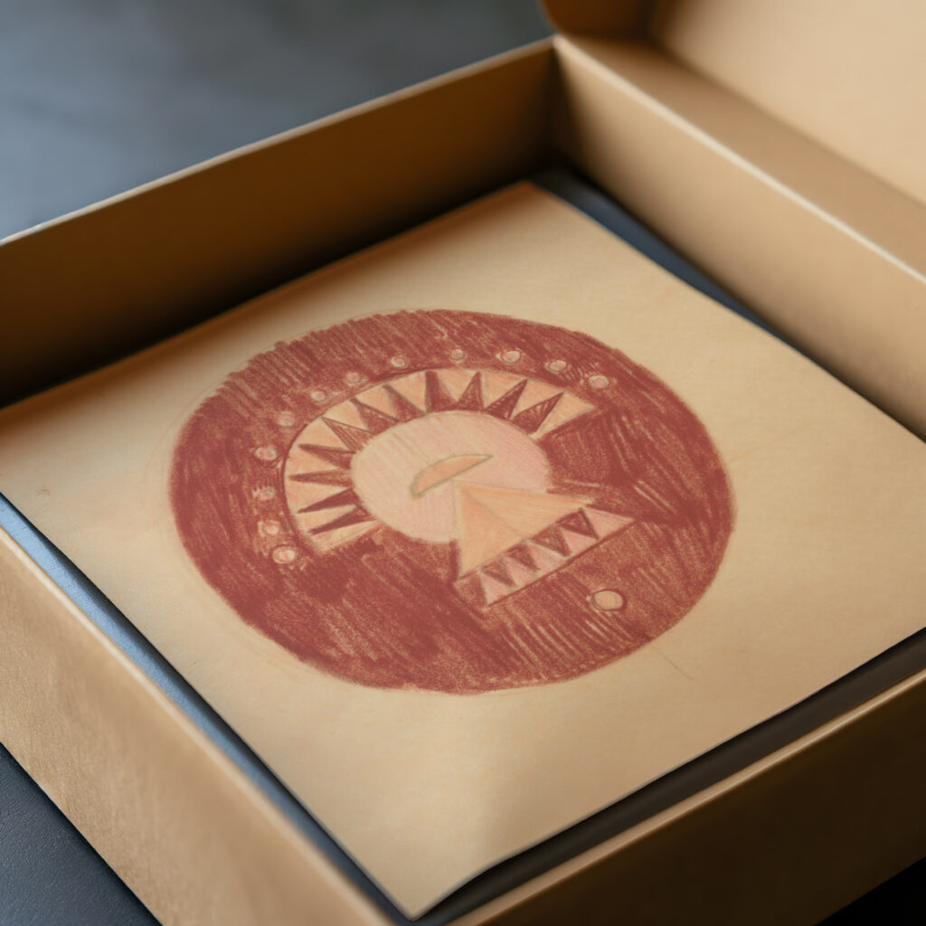 Miscellaneous small sketches for inlaid table tops.Design with red and orange circular motif 1930 Winold Reiss video mockup