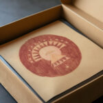 Miscellaneous small sketches for inlaid table tops.Design with red and orange circular motif 1930 Winold Reiss video mockup